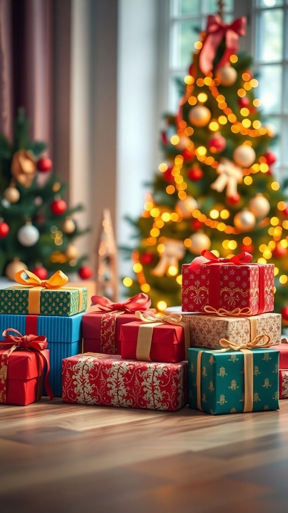 A collection of Christmas gifts wrapped in colorful paper with a decorated tree and lights in the background.